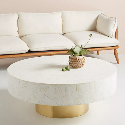 Bone Inlay Round Coffee Table : Criss Cross : White