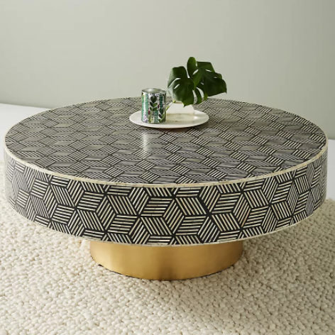 Bone Inlay Round Coffee Table : Criss Cross : Black