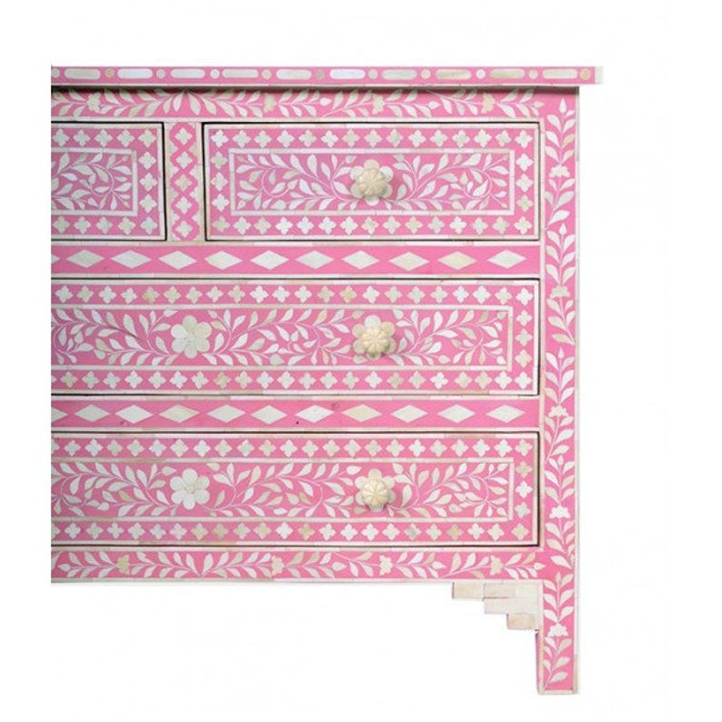 Bone Inlay 4 Drawer Chest : Floral : Pink