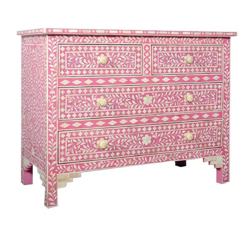 Bone Inlay 4 Drawer Chest : Floral : Pink