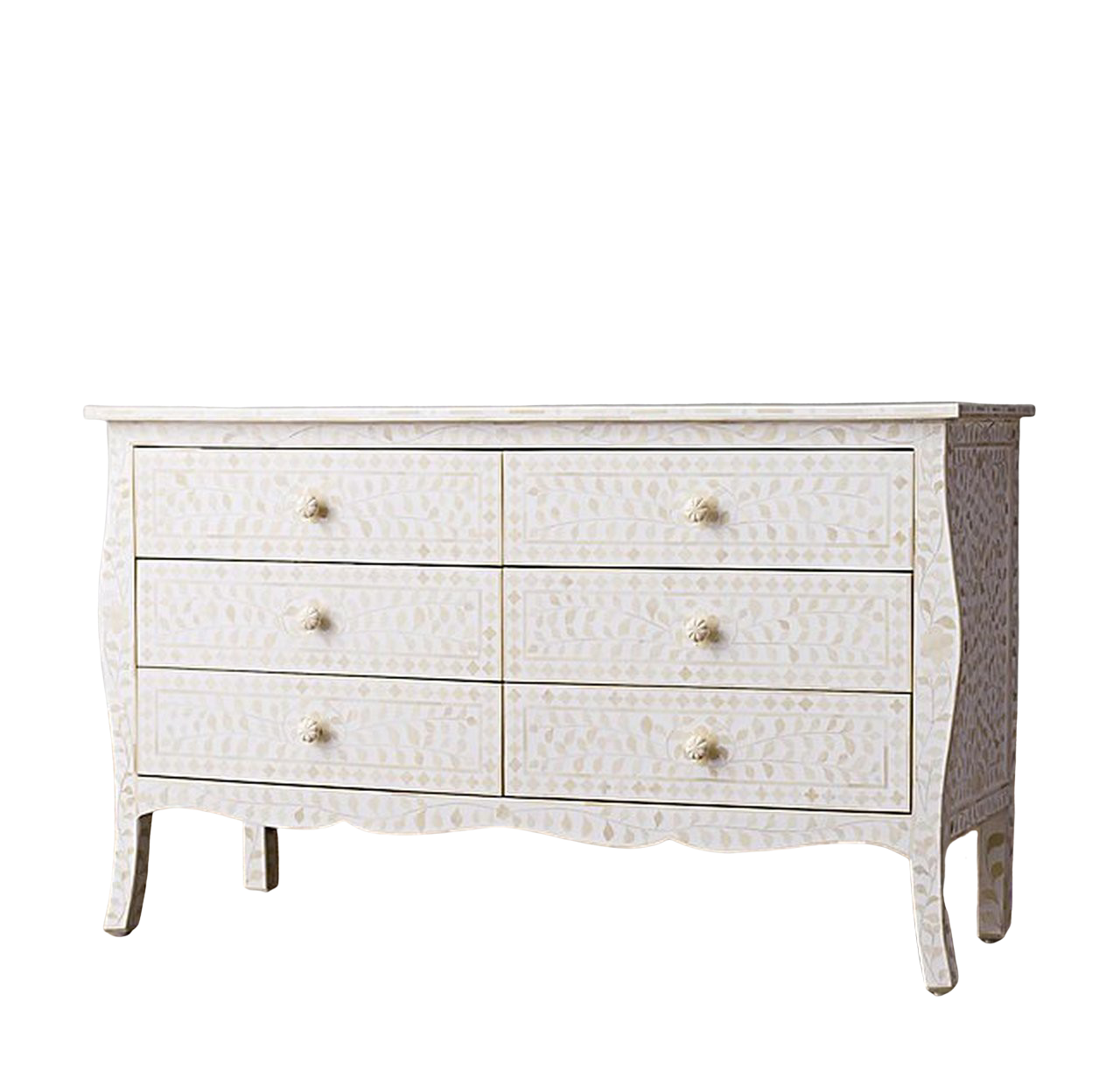 Bone Inlay French 6 Drawer Chest : Floral : White