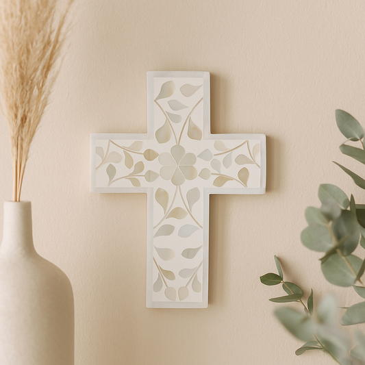 Mother of Pearl Small Cross : Floral : White