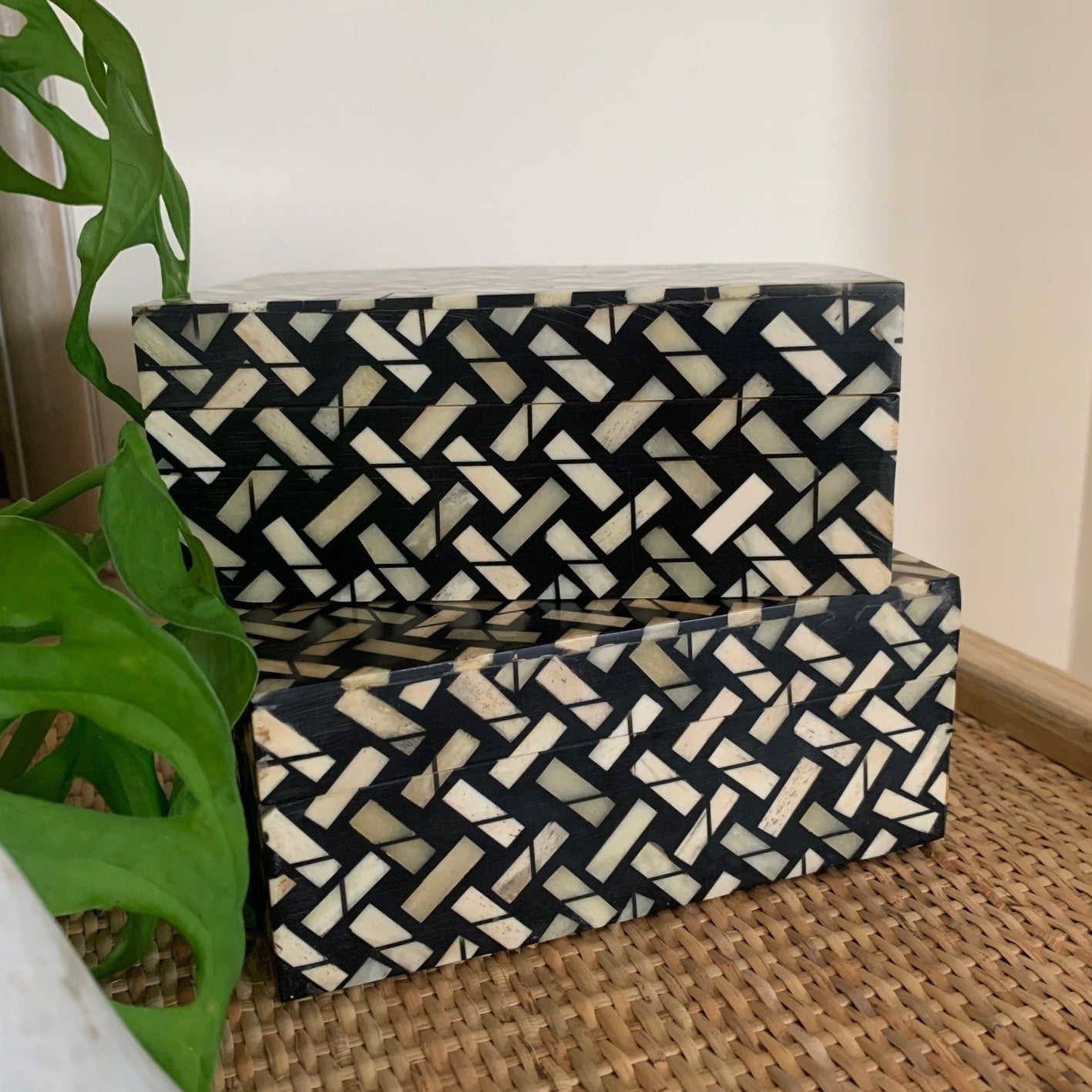 Bone Inlay Small Box : Cross Weave : Brown