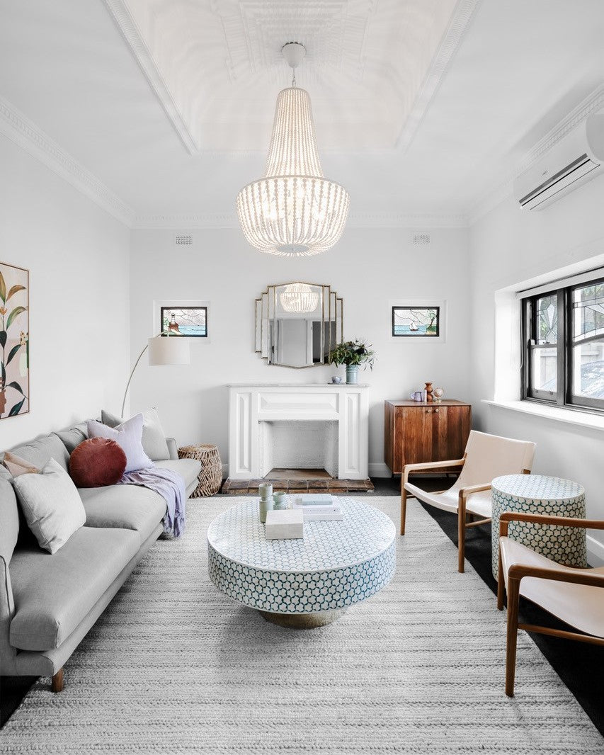 Bone Inlay Round Coffee Table : Tri-Square : Teal