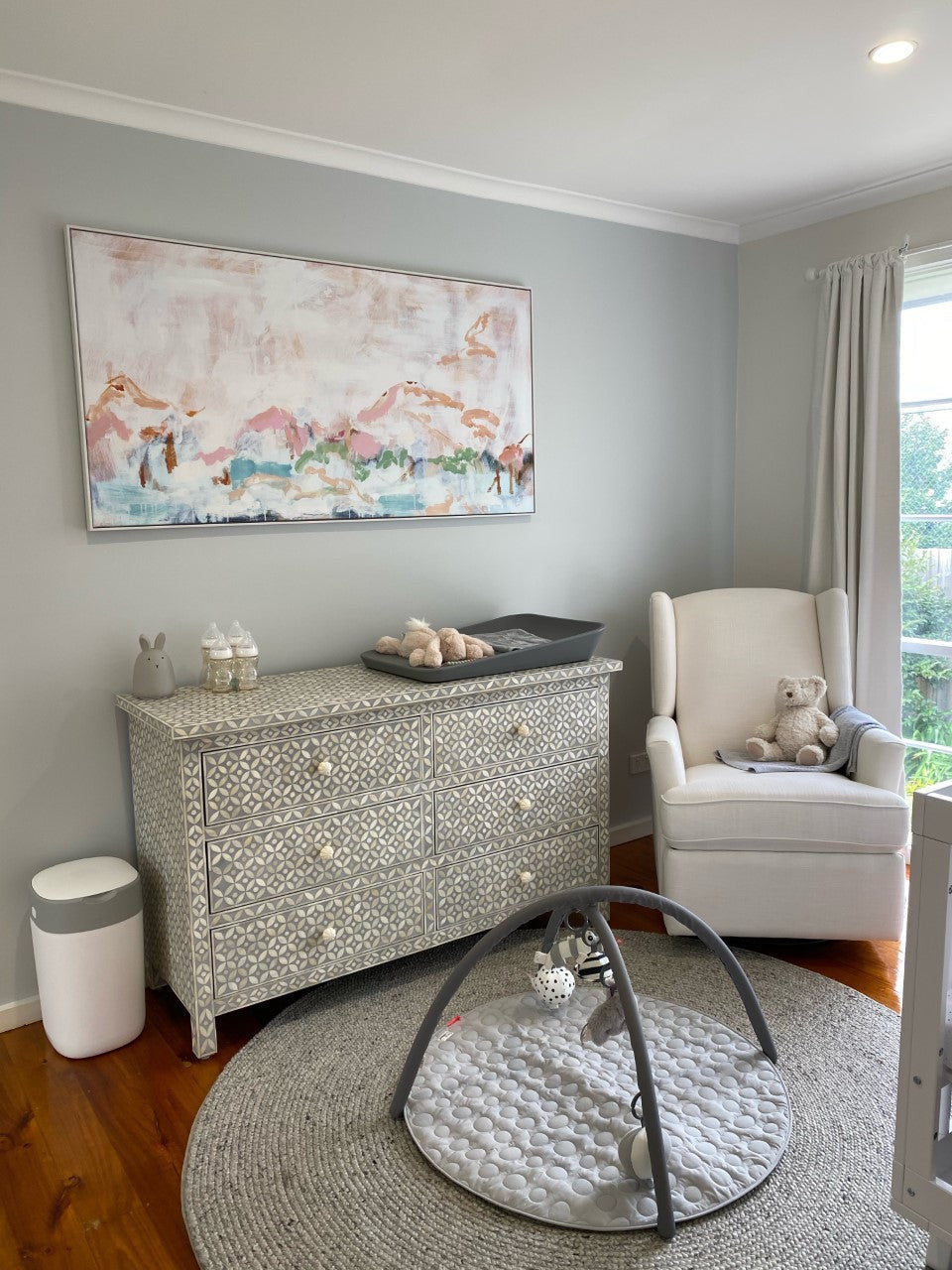 Bone Inlay 6 Drawer Chest : Starburst : Light Grey