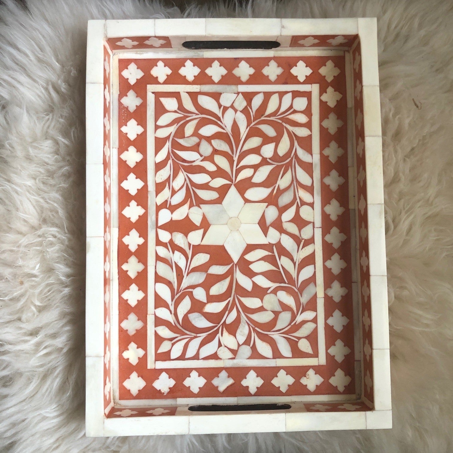 Bone Inlay Rectangular Tray : Floral : Orange