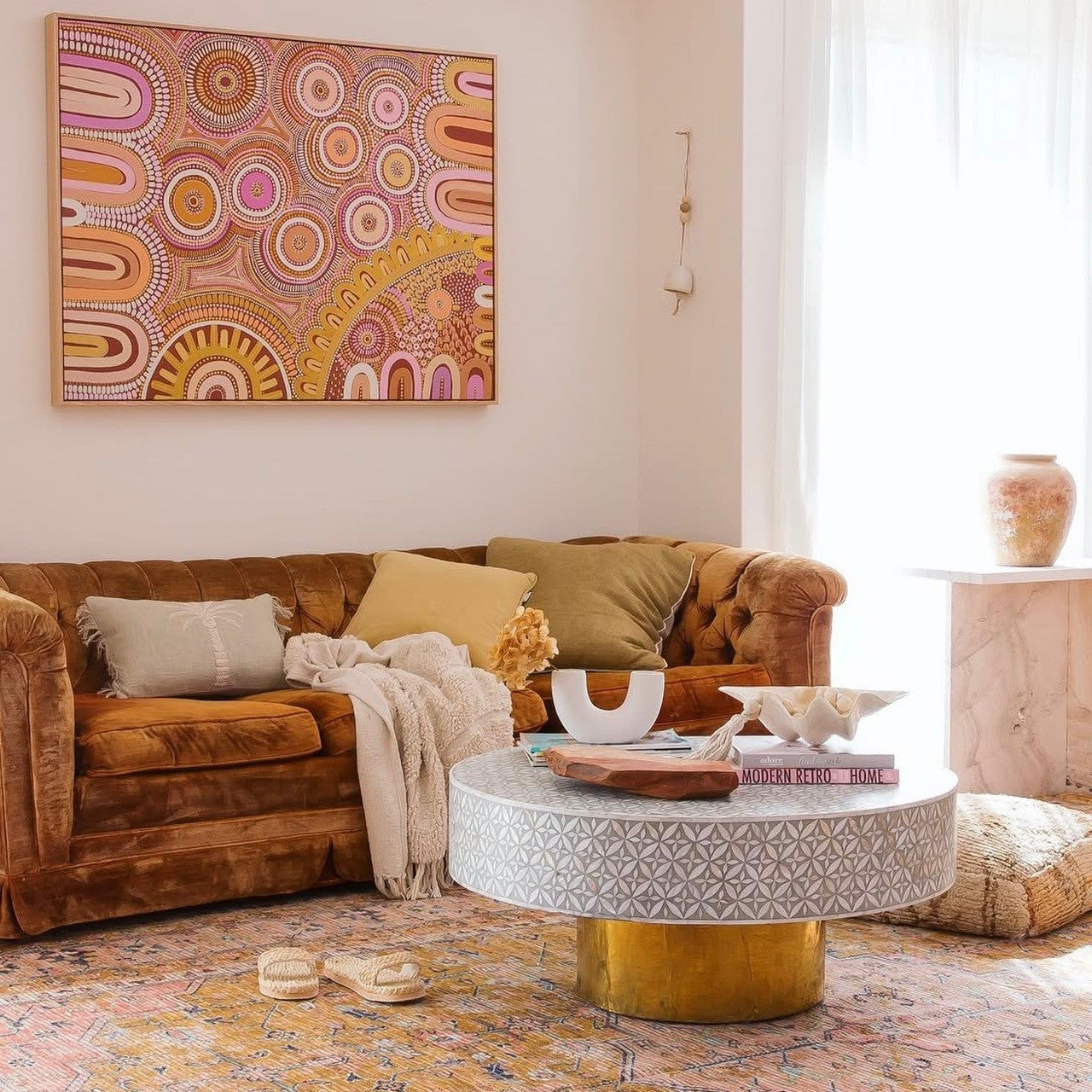 Mother of Pearl Inlay Round Coffee Table : Lady's Bedstraw : Grey