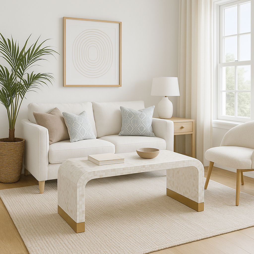 Modern living room with white sofa, coffee table, and decorative elements.