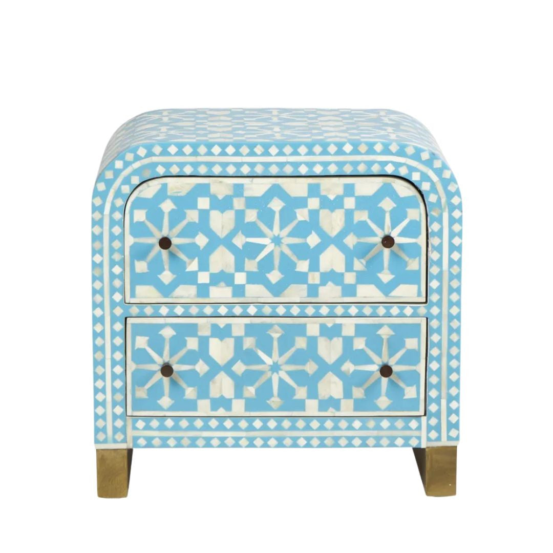 Bone Inlay 2 Drawer Waterfall Bedside : Zelliges : Blue