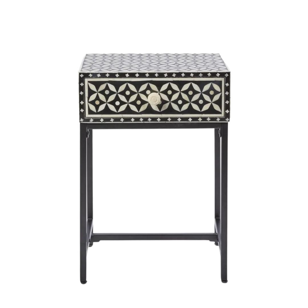 Bone Inlay 1 Drawer Bedside (with Metal Legs) : Starburst : Black