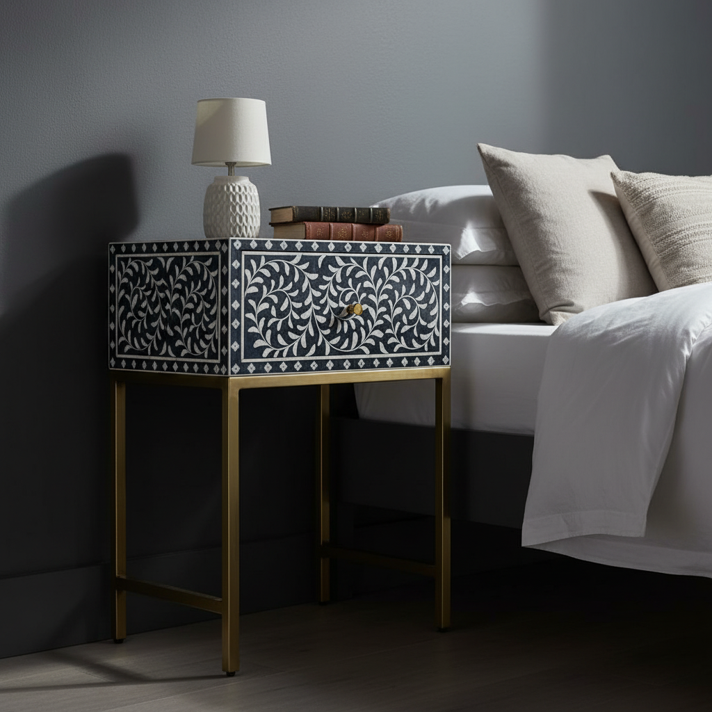 Bone Inlay 1 Drawer Bedside (with Metal Legs) : Liana : Navy Blue