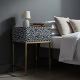 Bone Inlay 1 Drawer Bedside (with Metal Legs) : Liana : Navy Blue